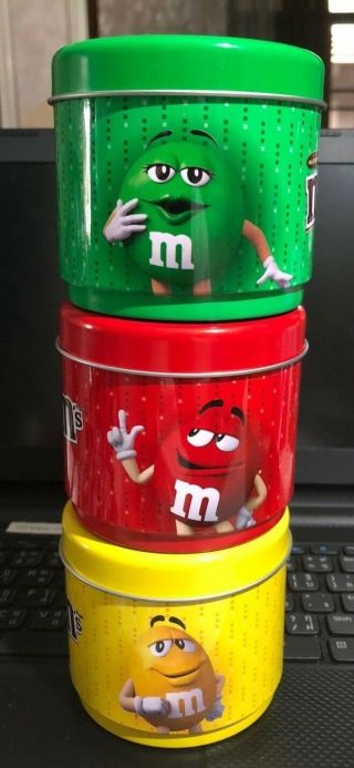 M&m’s Red Yellow Green Stackable Tin Set Of 3 From Thailand Christmas 2017 Box