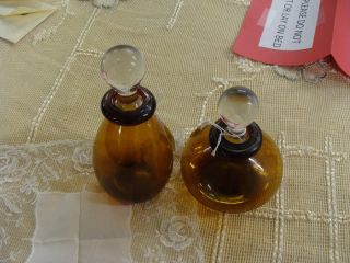 2 Vintage/antique Hand Blown Amber Glass Perfume Bottles With Stoppers