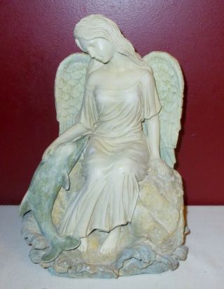 Vintage Angel With Dolphin Figurine Statue Heavy Detailed Resin ^