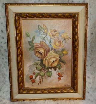 Retro Roses Framed Oil Painting,  Signed,  10x14,  Heavily Carved Gold,  White Frame