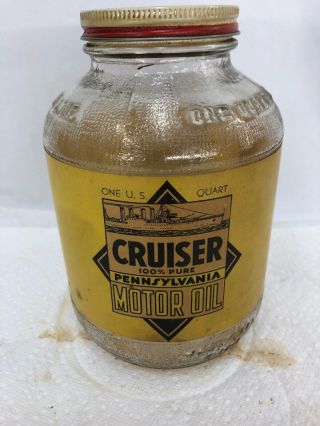 Rare Glass Cruiser Pennsylvania War Time Motor Oil Can Quart Paper Label Bottle
