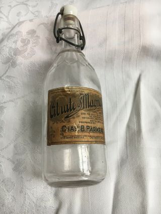 Clear Mold Blown Citrate Of Magnesia Bottle Porcelain Stopper Chas B Parker Mi