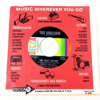 The Irish Rovers The Unicorn 45 Record 32254 Decca Records Shel Silverstein