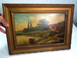 Antique Framed Oil On Board Painting Country Cottage Scene Gold Wood Frame