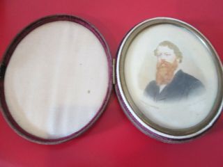Antique 19th C Miniature H.  P Watercolor Portrait - Man W/ Big Red Beard W/ Case