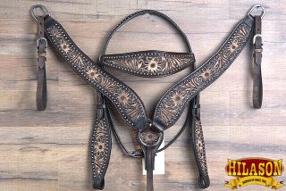 U - - SET Hilason Western Horse Headstall Breast Collar Set American Leather Brown 3
