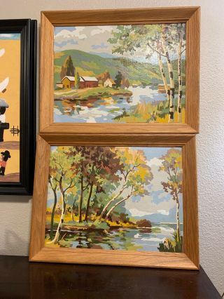 Set 2 Vintage Paint By Number Pbn Landscape Paintings Wood Frame River Mountain