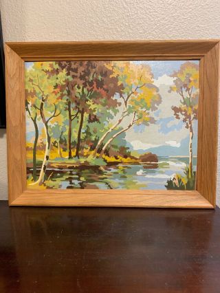 SET 2 VINTAGE PAINT BY NUMBER PBN LANDSCAPE PAINTINGS WOOD FRAME RIVER MOUNTAIN 2