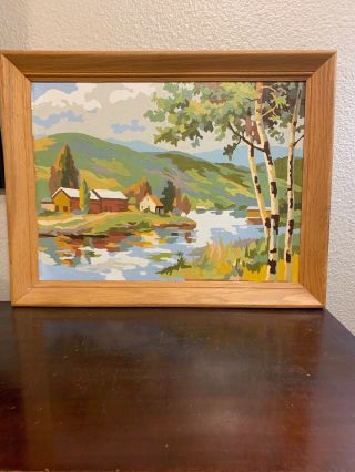 SET 2 VINTAGE PAINT BY NUMBER PBN LANDSCAPE PAINTINGS WOOD FRAME RIVER MOUNTAIN 3