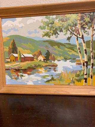 SET 2 VINTAGE PAINT BY NUMBER PBN LANDSCAPE PAINTINGS WOOD FRAME RIVER MOUNTAIN 7