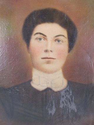 Antique 19th C Hand Painted Portrait Lady W/bow Tie&short Hair Cabinet Photo Yqz