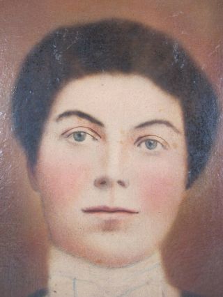 Antique 19th C Hand Painted Portrait Lady w/Bow Tie&Short Hair Cabinet Photo yqz 5