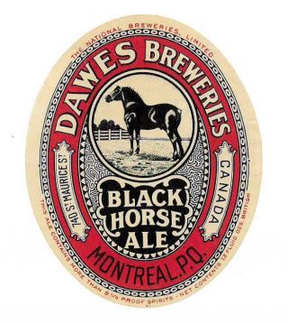 Early Dawes Breweries Black Horse Ale Beer Label Montreal Canada