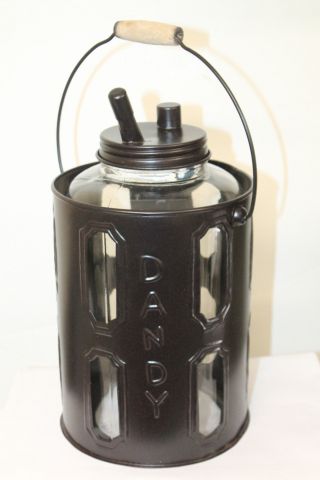 Antique Style Dandy Kerosene Oil 1 Gal.  Glass Metal Can Jug W/ Spout Wood Handle