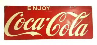 Coca - Cola Enjoy Coke Soda Door Metal Sign 21x8 Enamel Red White Vintage 60s 70s