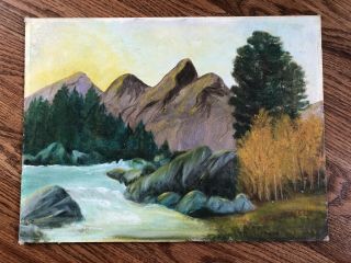 Vintage Scenic Mountain River Landscape Oil Painting On Canvas Board 12” X 16”