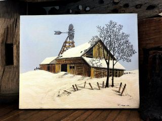 Vintage R.  Smith Americana Folk Art Painting Mail Pouch Winter Snow Country Barn