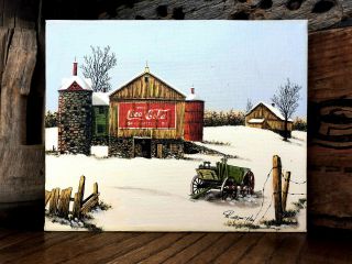 Vintage R.  Smith Americana Folk Art Painting Coca Cola Winter Snow Country Barn