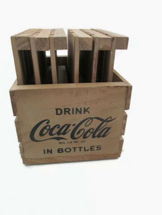 Coca - Cola Wooden Pallet Style Coaster Set With 6 Coasters And Holder -