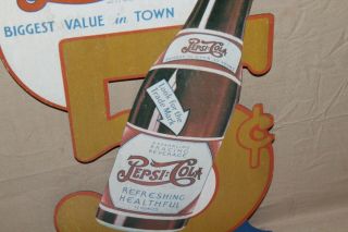 RARE 1940 ' s PEPSI COLA A DOUBLE DOT BOTTLE SIGN BIGGER BETTER SODA POP 5 CENT 4