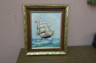 Vintage Nautical Clipper Ship Painting Oil On Panel 8 " X10 " - 11 " X13 " Framed