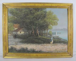 Antique 19th C Oil on Board Painting Woman in Blue At The Lake Expressionism yqz 4