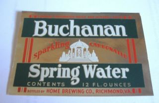 Rare Home Beer - Brewing 12oz Bottle Label Buchanan Spring Water Richmond Va