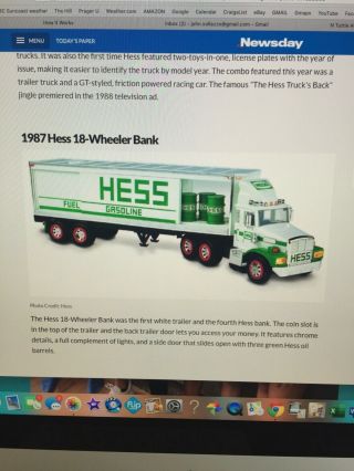 1987 Hess Toy Truck 18 Wheeler Bank In It 