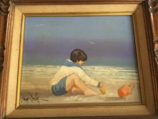 Charming Old Oil Painting Young Boy @ The Beach Signed Illegible Listed Artist ?