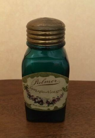 Antique Palmer 3.  5 " Square Teal Glass Bottle Garland Violets Contents