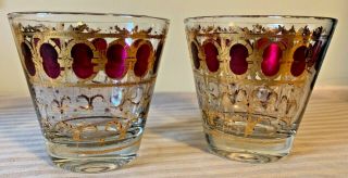 2 Vintage Rocks Glasses Barware Gold Leaf Old Fashions Manhattans Mid Century
