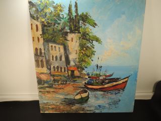Boats Seascape Villa Oil On Wood Painting Vintage European