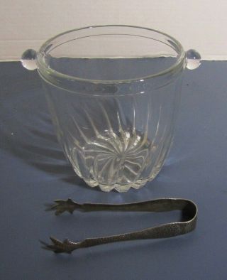 Small Vintage Glass Ice Bucket With Hammered Metal Tongs - Euc