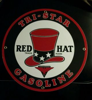 Red Hat Gasoline Gas / Oil Porcelain Advertising Sign.  12 "