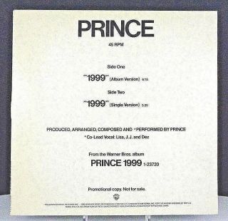 Prince 1999,  12 " Single,  45rpm,  Warner Bros.  Promo Only (1982) Never Played