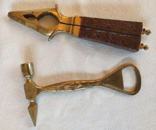 Vintage Brass Wood Bottle Opener/ice Pick Hammer Nut Cracker India Bar Tool Set