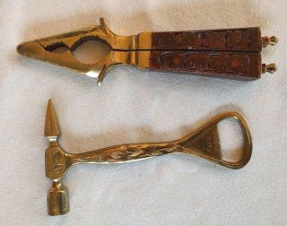 Vintage Brass Wood Bottle Opener/Ice Pick Hammer Nut Cracker India Bar Tool Set 2
