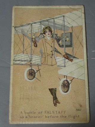 Early Lemp / Falstaff Beer Advertising Postcard W/ Woman Aviator And Biplane