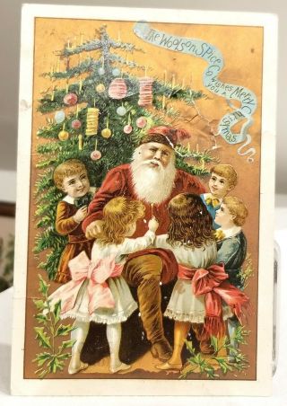 Children Around Santa Claus,  Candle - Lit Ornament Tree.  Lion Coffee Trade Card