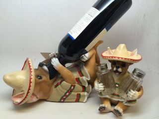 Poncho Chihuahua Fiesta Salt And Pepper Shakers And Wine Holder Set Home Decor