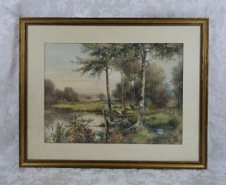 Antique Painting Of Cows River Forest Pastoral Farm Scene Signed Hathaway