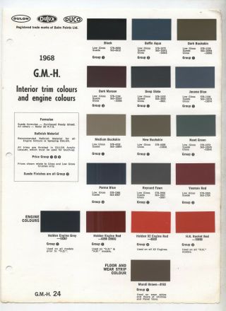 1968 Gmh Holden Interior Trim Engine Colours Dulon Duco Dulux Hd Hr X2 Hk Monaro