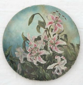 Lilies Vintage Early 1900s Oil Painting On 17 1/2 " Dia.  Round Papier Mache Plate