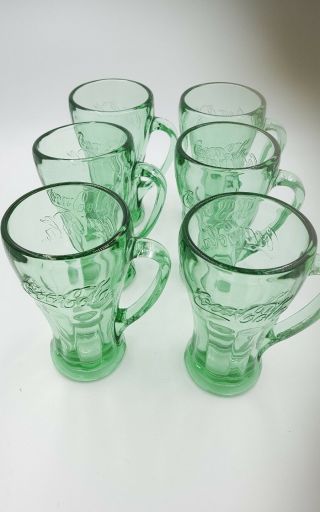 6 Coca Cola Coke Libbey Green Glass Handled Mug Tumblers 14oz
