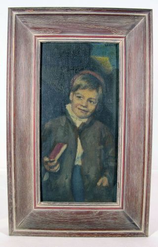 Orig 19th C Oil On Homespun Linen Laid Down Painting Young Boy Signed Leakey Yqz
