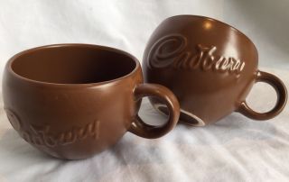 Rare Cadbury Raised Logo Brown Ceramic Coffee Mugs Cups X 2 Promo Collectibles
