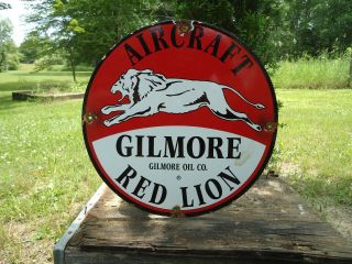 Old Gilmore Red Lion Aircraft Gasoline And Oil Porcelain Enamel Gas Pump Sign