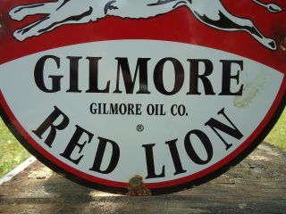 OLD GILMORE RED LION AIRCRAFT GASOLINE AND OIL PORCELAIN ENAMEL GAS PUMP SIGN 2