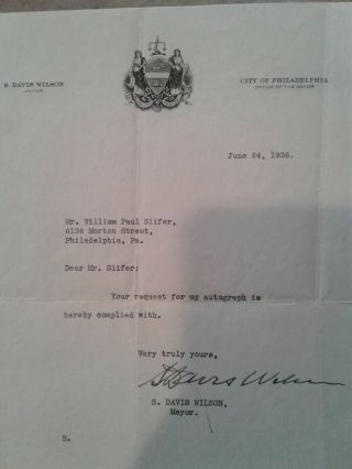 1936 Samuel Davis Wilson Autographed Letter Mayor Of Philadelphia With