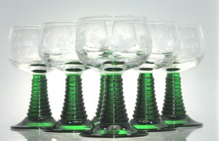 6 Green Beehive Coiled Stem French Roemer Wine Glasses Etched Grape & Vine 250 M